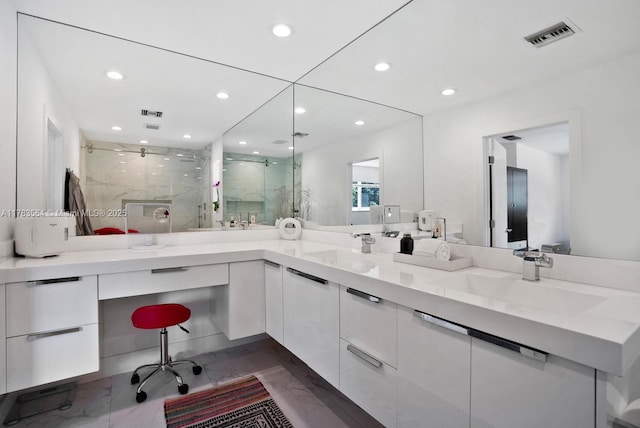 13605 SW 73rd Ave, Palmetto Bay, FL 33158 - full bath with marble tiled flooring, a marble finish shower, recessed lighting, and double vanity