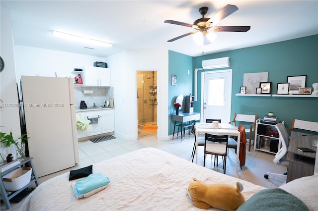 dining room with light tile patterned floors, baseboards, ceiling fan, and a wall mounted air conditioner