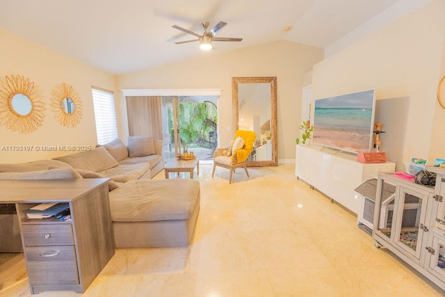 1558 Sunset Way, Weston, FL 33327 - living area with a ceiling fan and vaulted ceiling