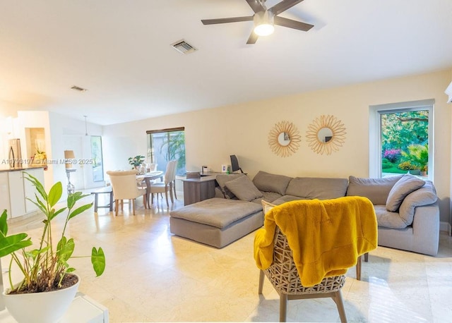 1558 Sunset Way, Weston, FL 33327 - living room featuring ceiling fan and visible vents