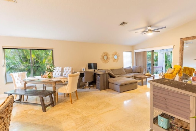 1558 Sunset Way, Weston, FL 33327 - living area featuring ceiling fan, vaulted ceiling, and visible vents