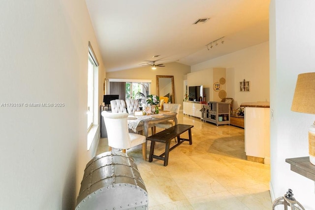 1558 Sunset Way, Weston, FL 33327 - living room featuring a ceiling fan, vaulted ceiling, and visible vents