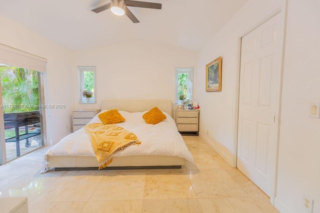 1558 Sunset Way, Weston, FL 33327 - bedroom featuring marble finish floor, vaulted ceiling, access to exterior, and multiple windows