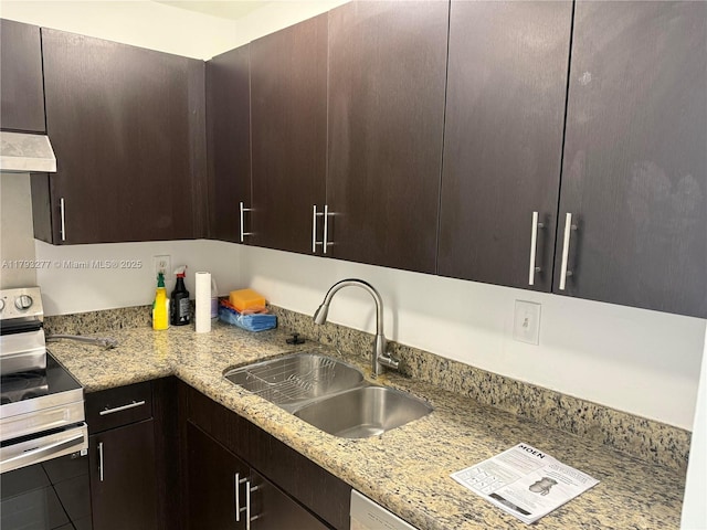 492 NW 165th St Rd Unit C-215, Miami, FL 33169 - kitchen featuring dark brown cabinets, stainless steel electric range, under cabinet range hood, light stone counters, and a sink