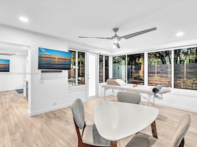 dining space with recessed lighting, ceiling fan, baseboards, and light wood-style floors