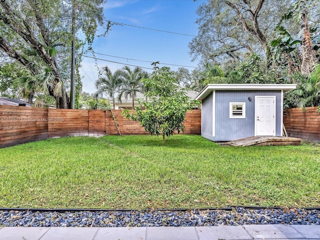 view of yard with an outdoor structure and a fenced backyard
