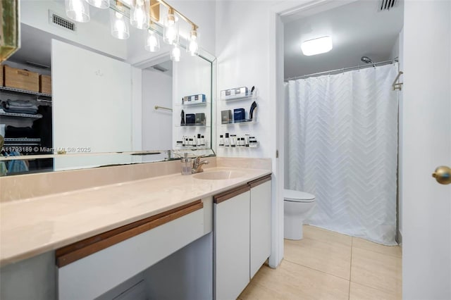 full bathroom with visible vents, tile patterned flooring, toilet, and vanity