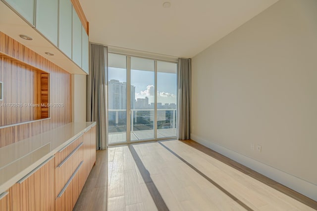 unfurnished room featuring baseboards, light wood-style flooring, and a wall of windows