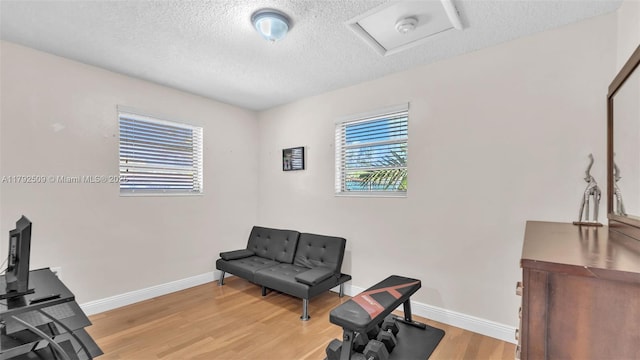 19241 SW 93rd Rd, Cutler Bay, FL 33157 - living area with attic access, a textured ceiling, light wood-style floors, and baseboards