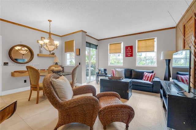 living room with an inviting chandelier, ornamental molding, light tile patterned flooring, baseboards, and a textured ceiling