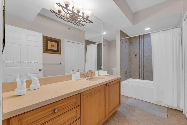 full bath featuring an inviting chandelier, tile patterned flooring, vanity, shower / tub combo, and visible vents