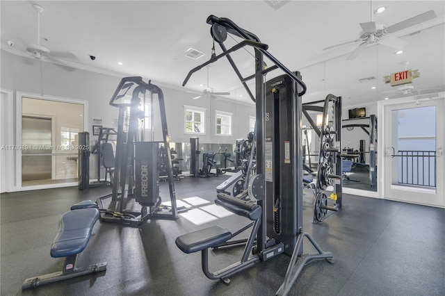 gym with a ceiling fan, visible vents, and recessed lighting