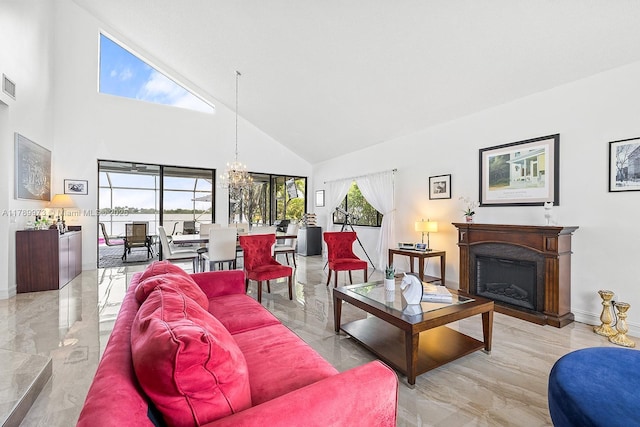 living room featuring high vaulted ceiling, baseboards, a fireplace, and marble finish floor