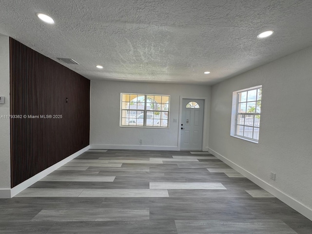 foyer entrance featuring a textured ceiling, a healthy amount of sunlight, and wood finished floors