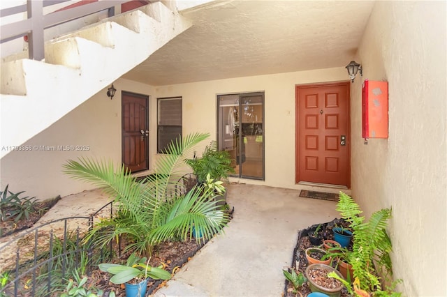 view of exterior entry featuring stucco siding