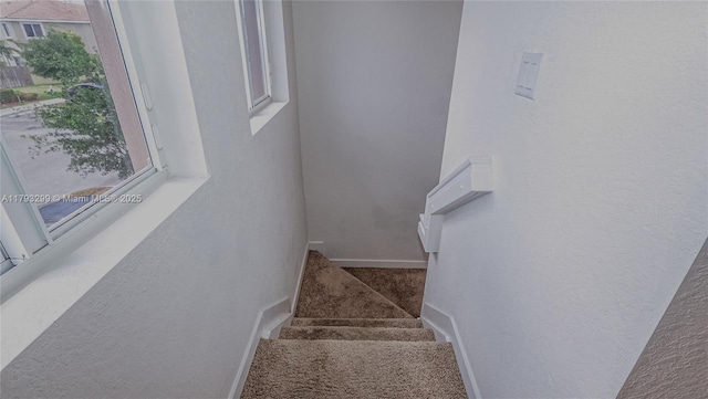 stairway featuring carpet floors, baseboards, and a textured wall
