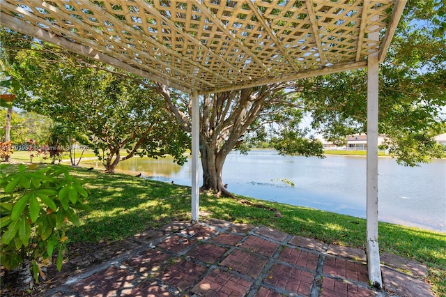 view of patio with a water view