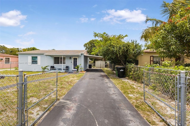 view of front facade featuring an attached carport, fence, driveway, and stucco siding