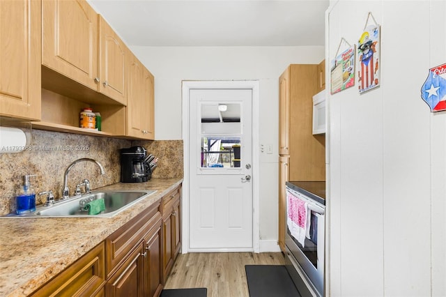 kitchen featuring open shelves, a sink, light wood finished floors, light countertops, and decorative backsplash