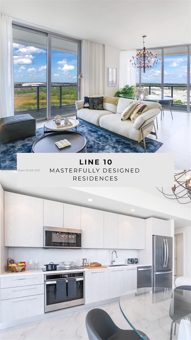 2000 Metropica Way Unit 1710, Sunrise, FL 33323 - interior space with a chandelier, pendant lighting, marble finish floor, stainless steel appliances, and white cabinetry