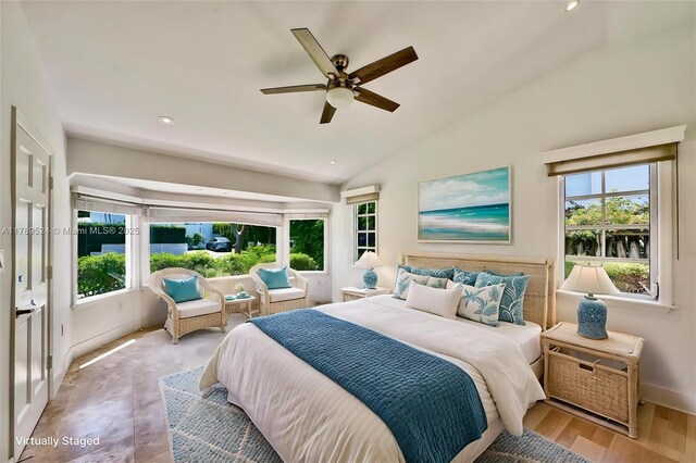 255 Ridgewood Rd, Key Biscayne, FL 33149 - bedroom featuring lofted ceiling, multiple windows, baseboards, a ceiling fan, and recessed lighting