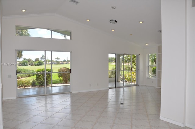 7141 Haviland Cir, Boynton Beach, FL 33437 - unfurnished room featuring visible vents, baseboards, high vaulted ceiling, recessed lighting, and light tile patterned floors