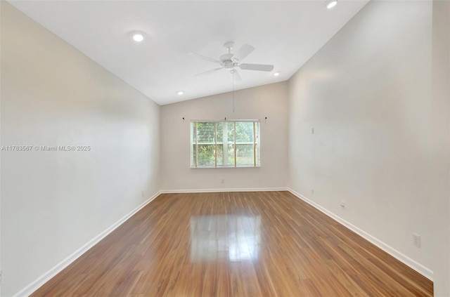 7141 Haviland Cir, Boynton Beach, FL 33437 - unfurnished room featuring a ceiling fan, vaulted ceiling, wood finished floors, baseboards, and recessed lighting