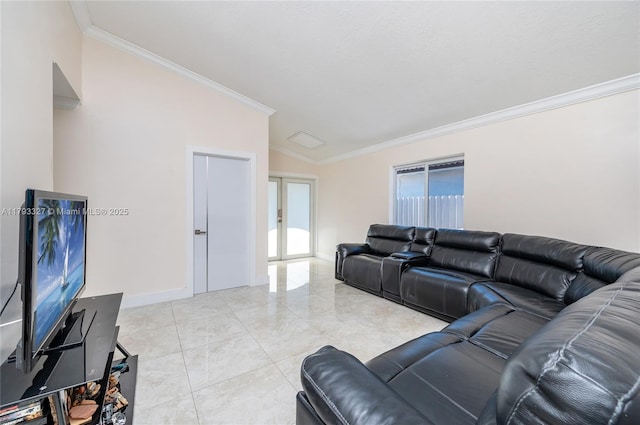 6829 W 26th Ave, Hialeah, FL 33016 - living area with crown molding, baseboards, french doors, and lofted ceiling