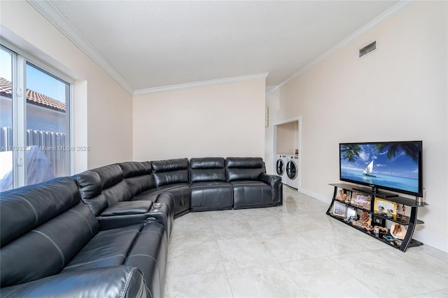 6829 W 26th Ave, Hialeah, FL 33016 - living room with separate washer and dryer, ornamental molding, baseboards, and visible vents