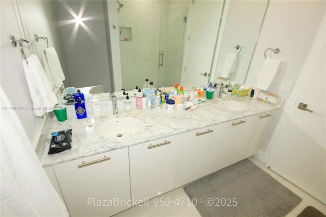 950 Brickell Bay Dr Unit 4710, Miami, FL 33131 - bathroom with double vanity, a sink, tile patterned flooring, and a stall shower