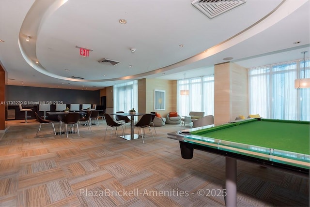 950 Brickell Bay Dr Unit 4710, Miami, FL 33131 - rec room with light carpet, pool table, and a raised ceiling