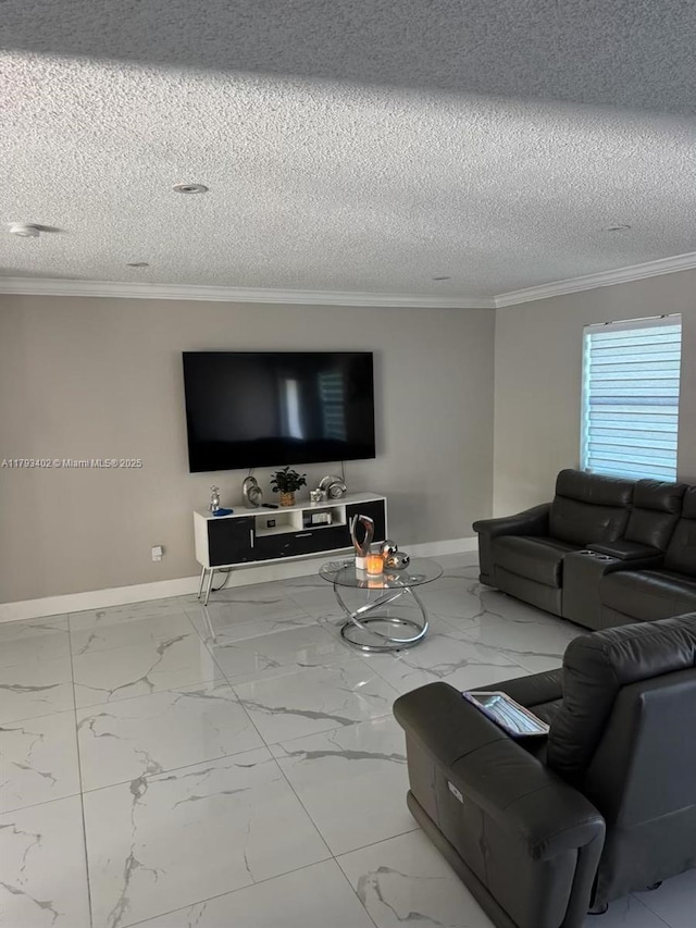 living room featuring a textured ceiling, baseboards, ornamental molding, and marble finish floor