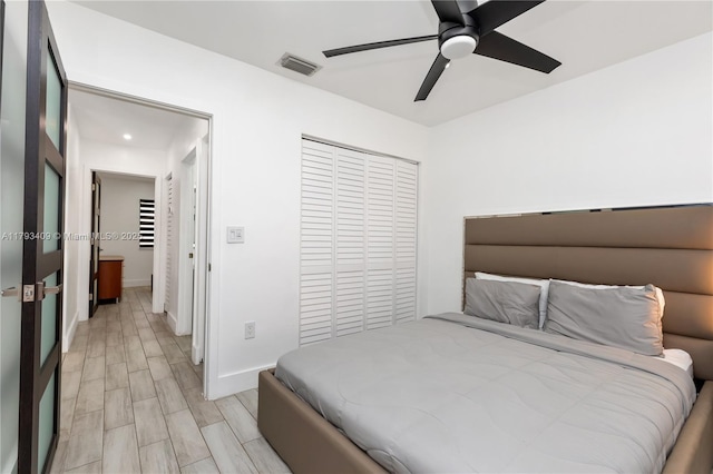 bedroom with visible vents, a closet, baseboards, ceiling fan, and recessed lighting