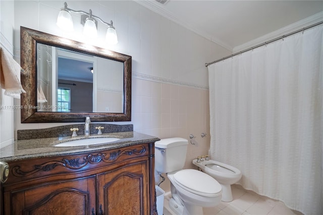 bathroom featuring vanity, crown molding, a bidet, and tile walls