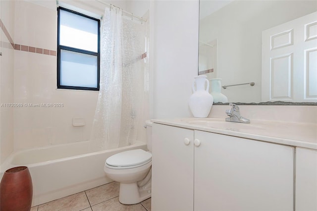 full bath with tile patterned flooring, shower / bathtub combination with curtain, toilet, and vanity