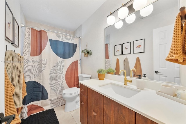 full bathroom with toilet, tile patterned floors, a shower with shower curtain, and vanity