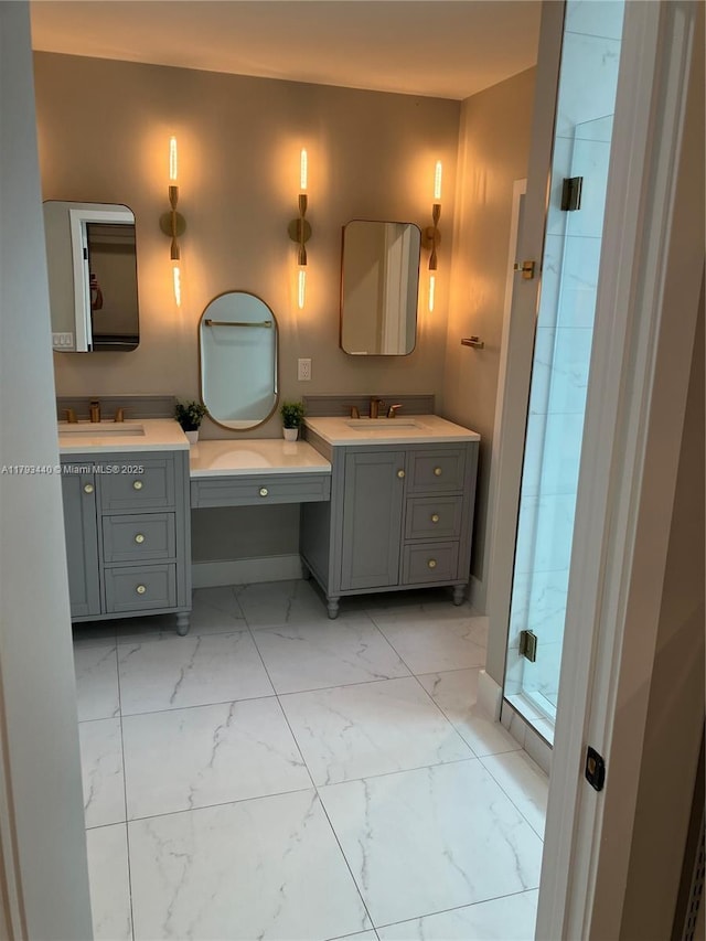 14520 SW 79th Ct, Palmetto Bay, FL 33158 - bathroom featuring marble look tiles, a shower stall, and vanity