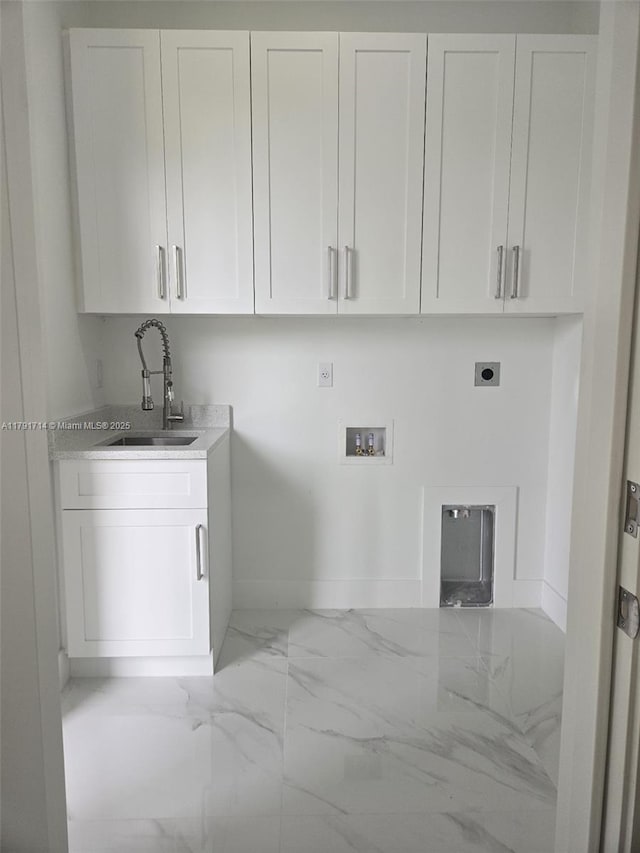 1022 Candleligth St, Lehigh Acres, FL 33974 - laundry area with hookup for an electric dryer, a sink, baseboards, hookup for a washing machine, and marble finish floor
