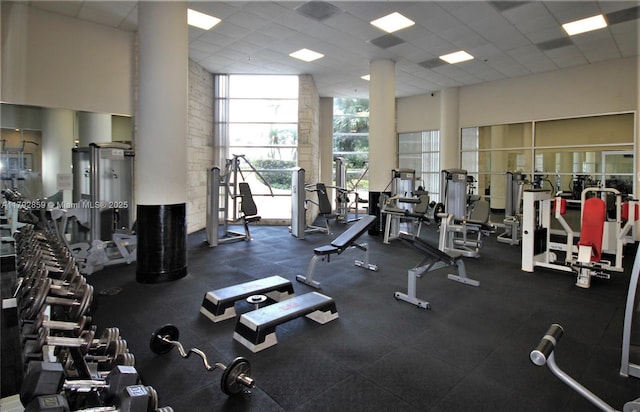 workout area with a paneled ceiling and a towering ceiling