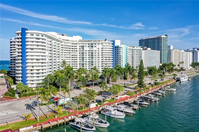 drone / aerial view featuring a water view and a city view