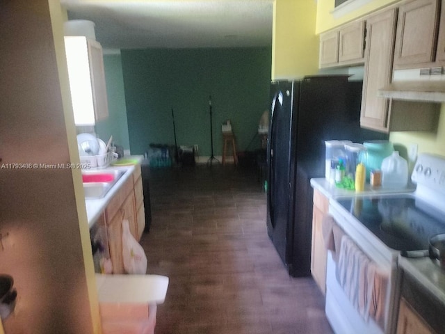 kitchen with a sink, light countertops, white electric stove, and under cabinet range hood