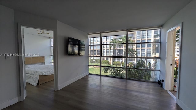 spare room with a wall of windows, plenty of natural light, and dark wood-type flooring