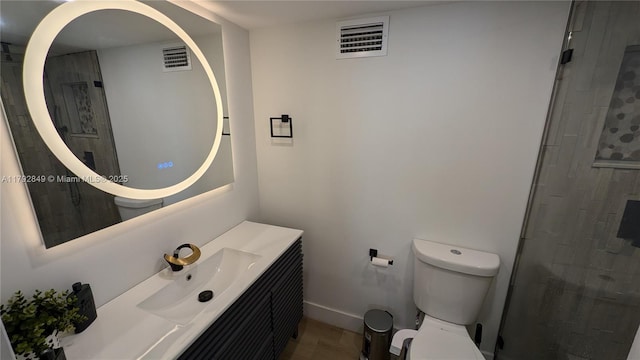 bathroom with visible vents, a shower, toilet, and vanity