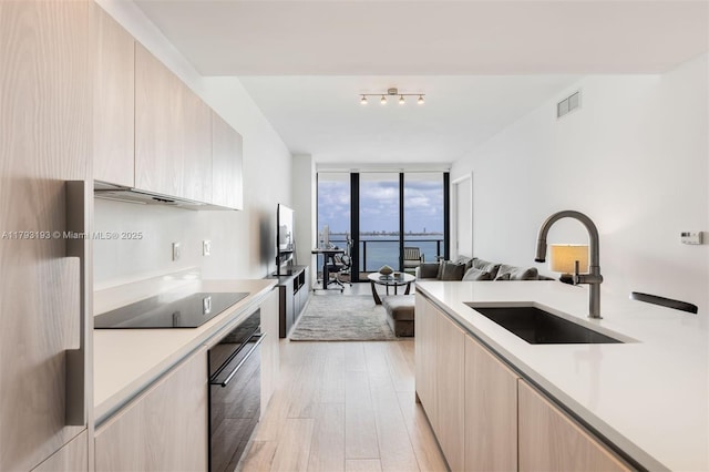 kitchen with floor to ceiling windows, visible vents, modern cabinets, a sink, and black appliances