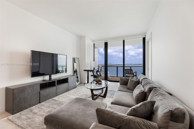 living room featuring floor to ceiling windows and light wood-style flooring