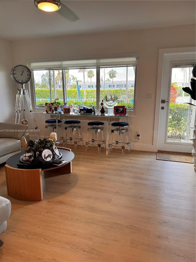 interior space featuring ceiling fan and wood finished floors