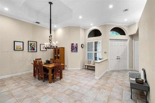 dining room with crown molding, a chandelier, recessed lighting, baseboards, and visible vents