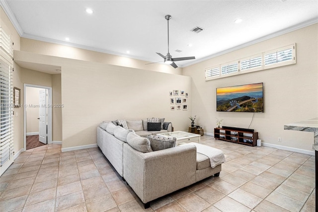 living room with visible vents, ornamental molding, baseboards, ceiling fan, and recessed lighting