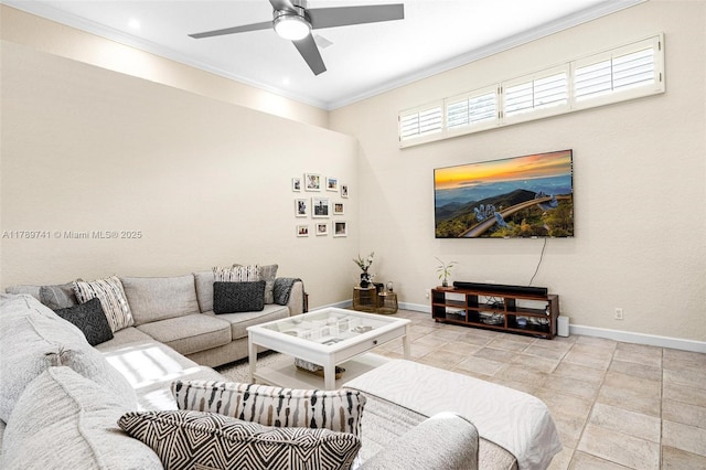 tiled living room featuring a ceiling fan, baseboards, and ornamental molding