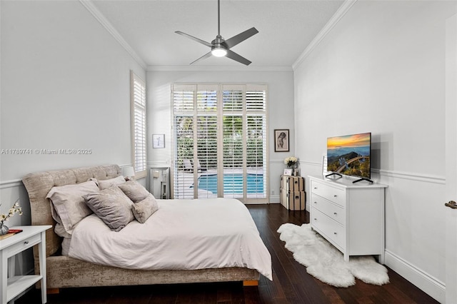 bedroom with access to outside, a ceiling fan, dark wood-style flooring, and crown molding